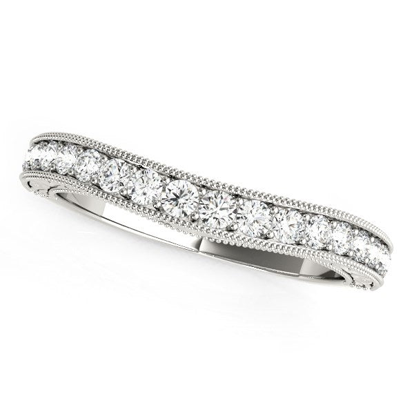 Anillo de boda de oro blanco de 14k con diamantes curvos con borde de cuentas (1/4 quilates en total)