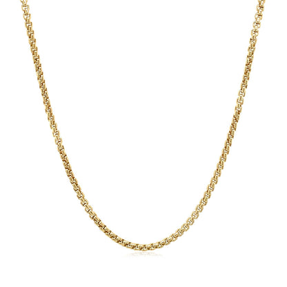 Cadena Box Redonda Sólida de Oro Amarillo de 14k y 1.6 mm