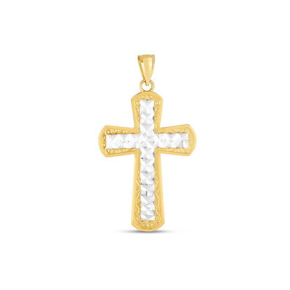 Colgante de cruz de oro de dos tonos de 14k con acabado pulido brillante y corte de diamante