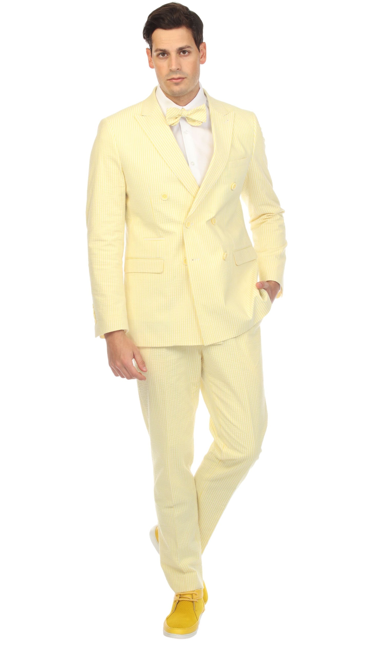 Men's Yellow Double Breasted Slim Fit Seersucker Suit