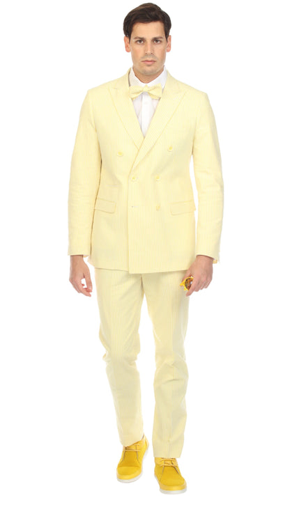 Men's Yellow Double Breasted Slim Fit Seersucker Suit