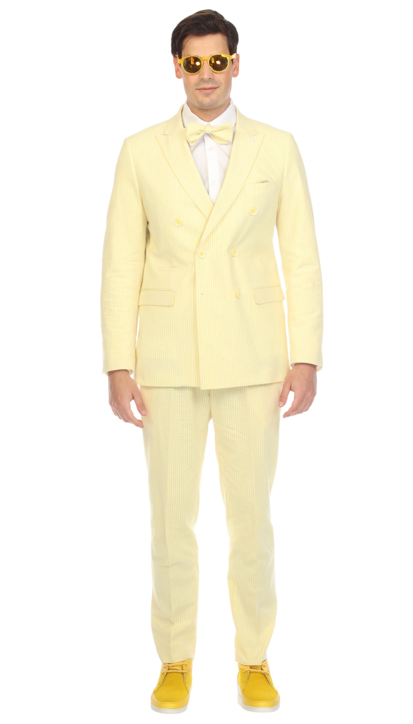 Men's Yellow Double Breasted Slim Fit Seersucker Suit