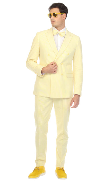 Men's Yellow Double Breasted Slim Fit Seersucker Suit