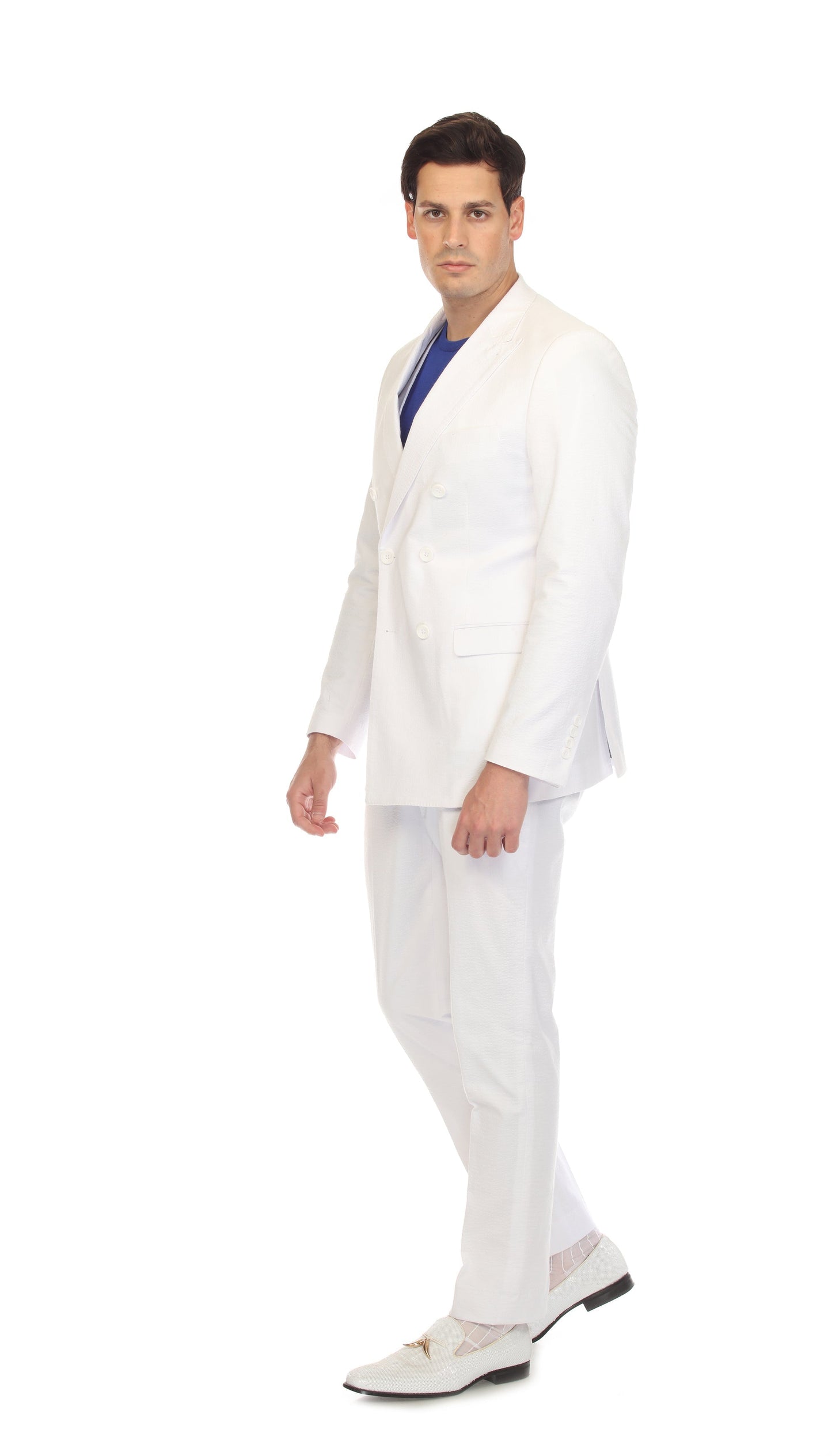 Men's White Double Breasted Slim Fit Seersucker Suit