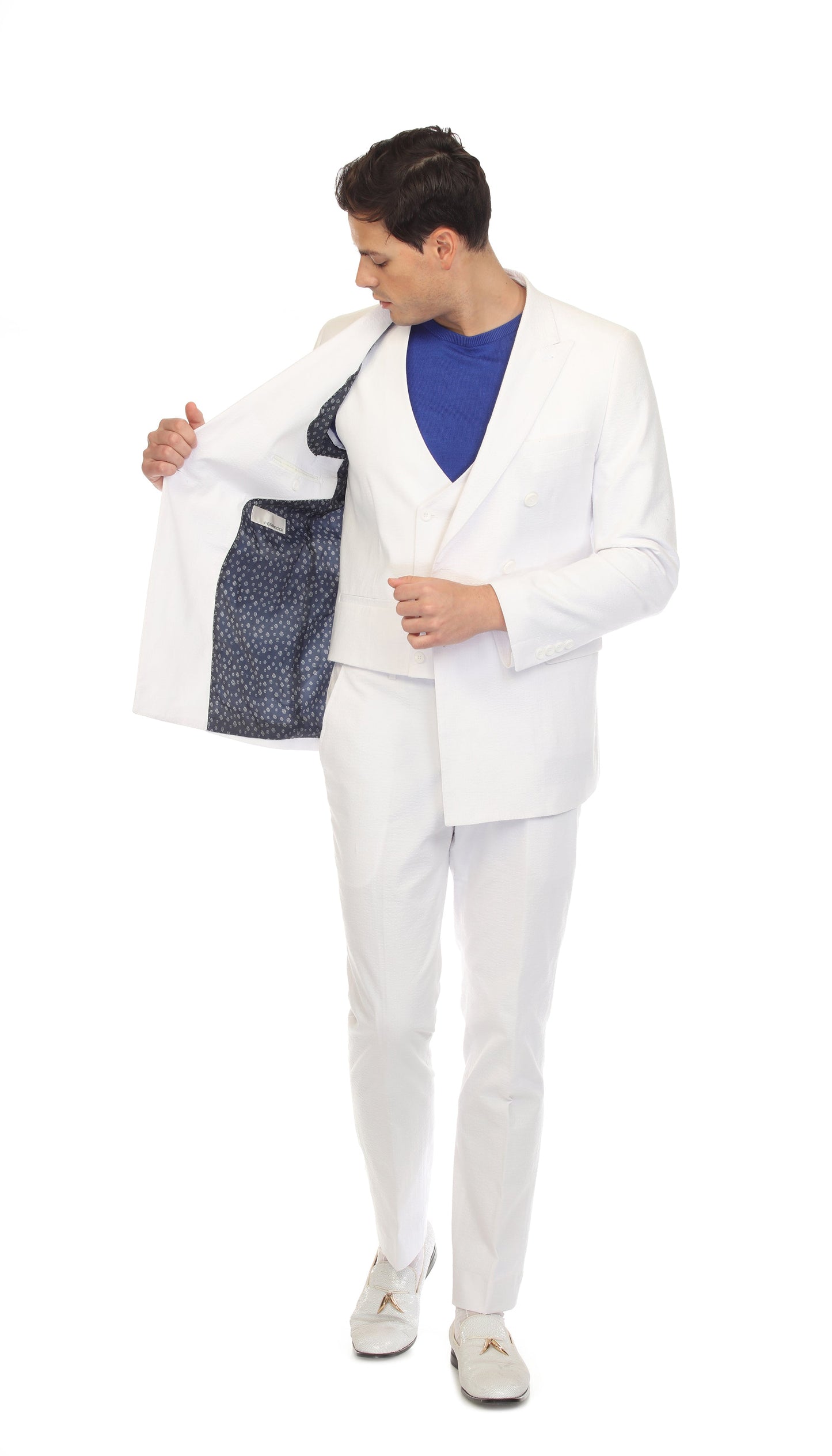 Men's White Double Breasted Slim Fit Seersucker Suit