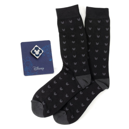 Disney Mickey Mouse Silhouette Motif Black Sock and Mickey Blue Lapel Pin Gift Set