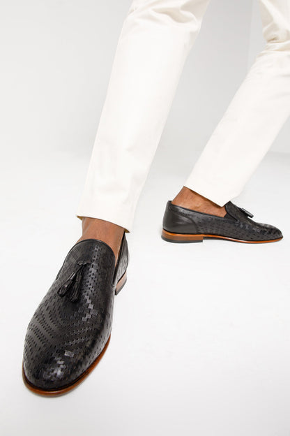 The Meram Black Leather Tassel Slip-On Loafer Men Shoe