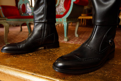 The Rand Black Leather Double Buckle Brogue Men Boot with a Zipper