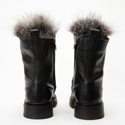 The Kajapati Black Leather Natural Fur Mid Calf Women Boot