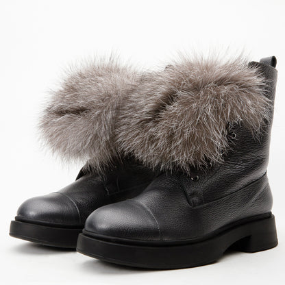 The Kajapati Gray Leather Natural Fur Mid Calf Women Boot