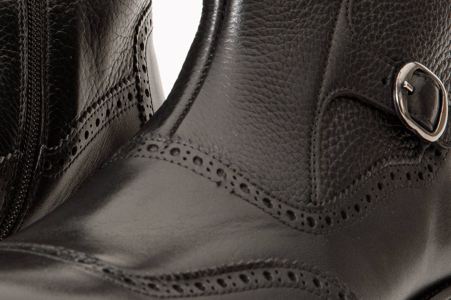 The Rand Black Leather Double Buckle Brogue Men Boot with a Zipper
