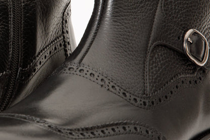 The Rand Black Leather Double Buckle Brogue Men Boot with a Zipper