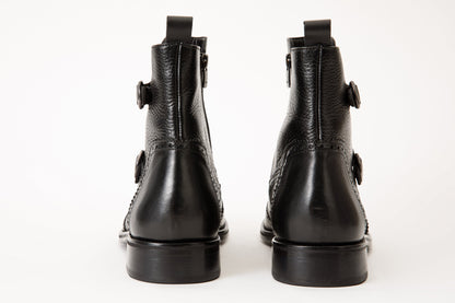 The Rand Black Leather Double Buckle Brogue Men Boot with a Zipper