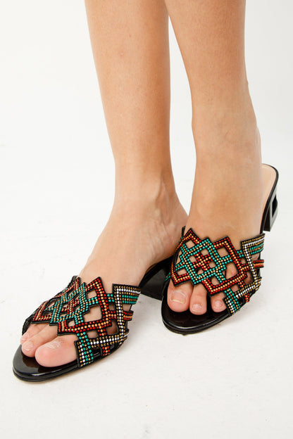 The Palma Black Glitter Leather Block Heel Women Sandal