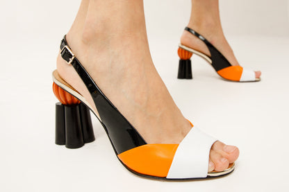 The Rize Black & Orange Pumpkin Heel Leather Women Sandal