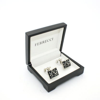 Silvertone Black Dot Design Cuff Links With Jewelry Box