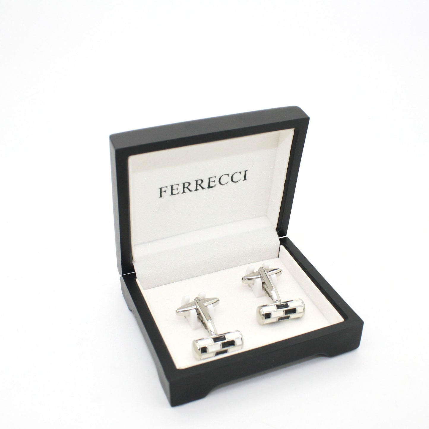 Silvertone Black & White Cuff Links With Jewelry Box