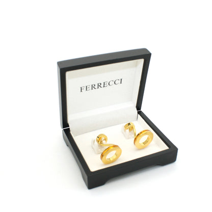 Goldtone Round Gold Lining Rectangle Cuff Links With Jewelry Box