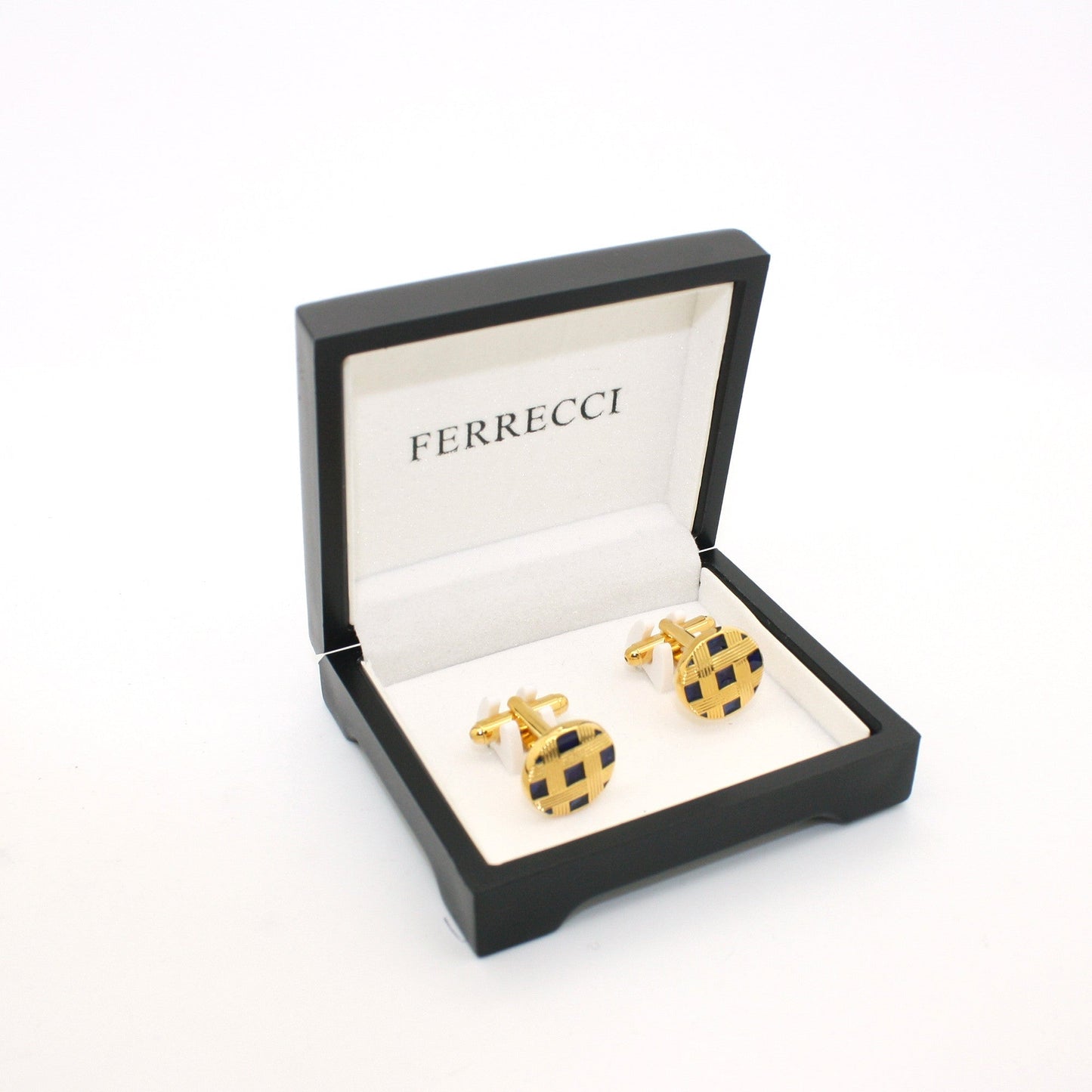 Goldtone Blue Criss Cross Metal Cuff Links With Jewelry Box
