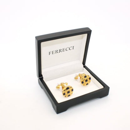 Goldtone Blue Criss Cross Metal Cuff Links With Jewelry Box
