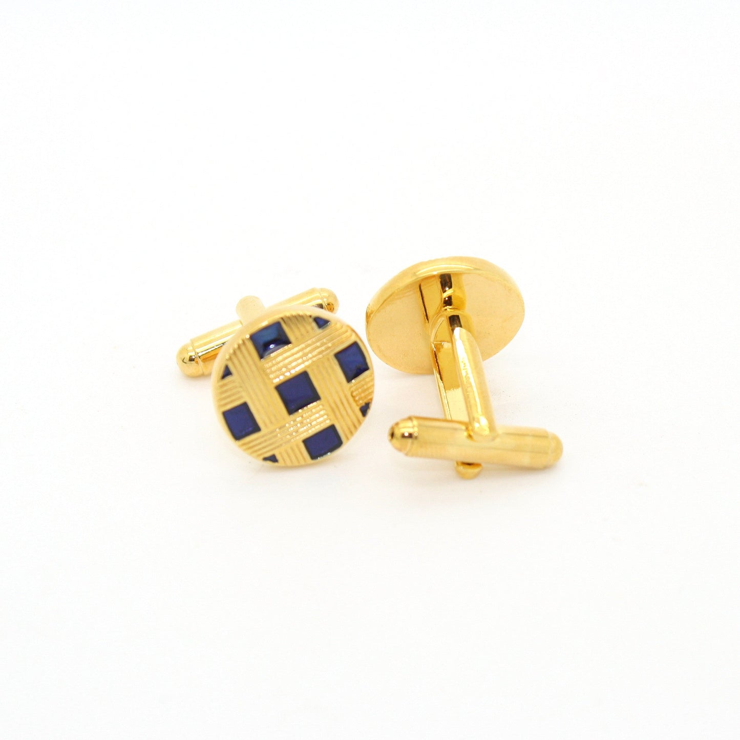 Goldtone Blue Criss Cross Metal Cuff Links With Jewelry Box