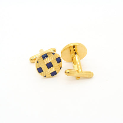 Goldtone Blue Criss Cross Metal Cuff Links With Jewelry Box
