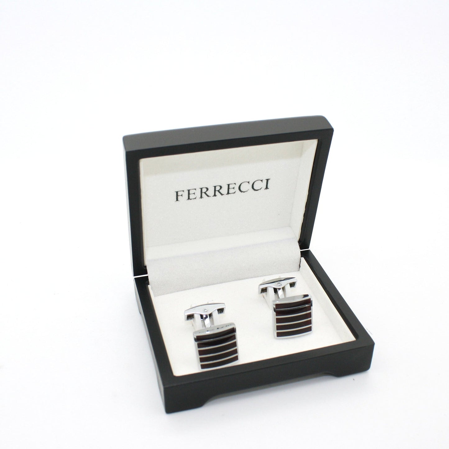Silvertone Burgundy Stripe Cuff Links With Jewelry Box