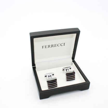 Silvertone Burgundy Stripe Cuff Links With Jewelry Box