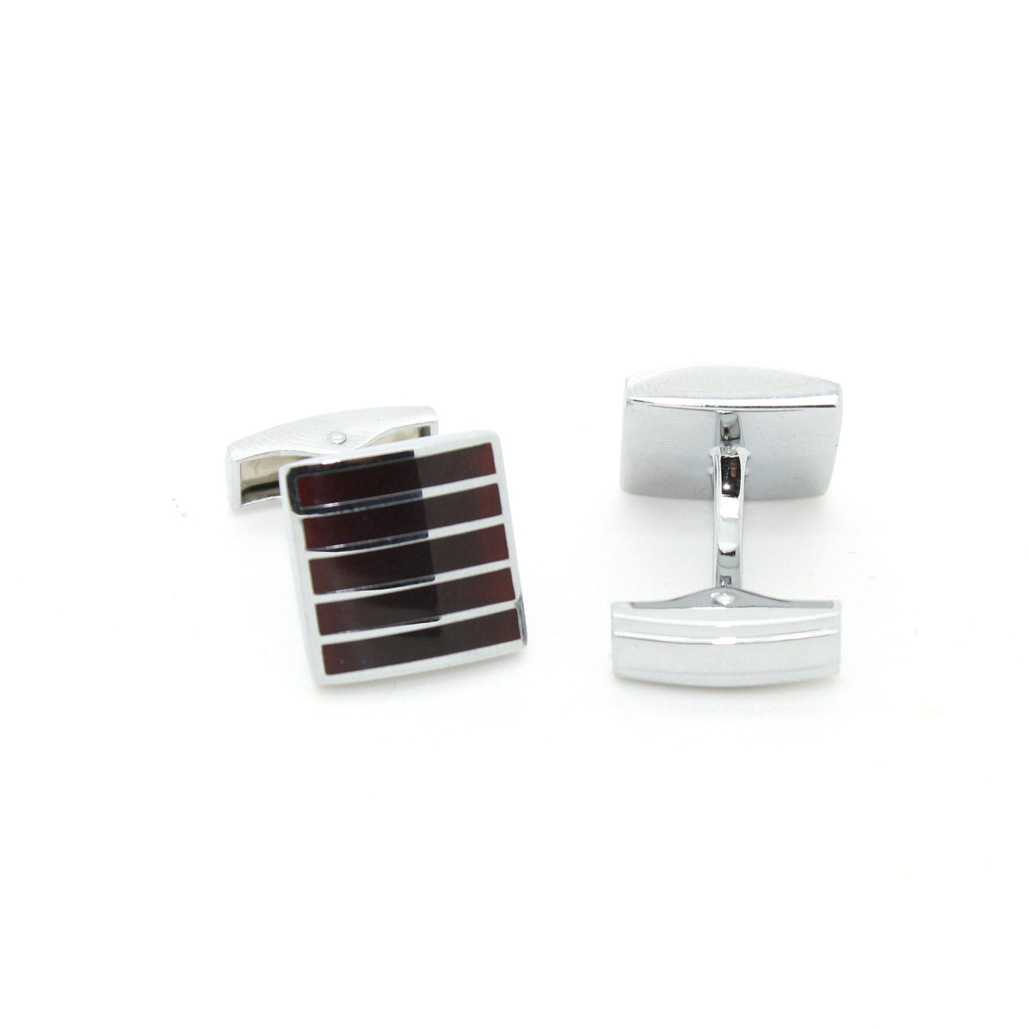 Silvertone Burgundy Stripe Cuff Links With Jewelry Box