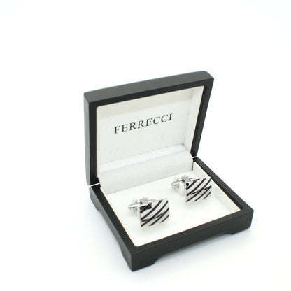 Silvertone Stripe Cuff Links With Jewelry Box