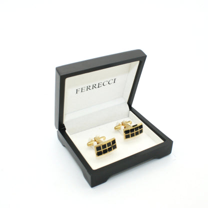 Goldtone Black Checker Rectangle Cuff Links With Jewelry Box