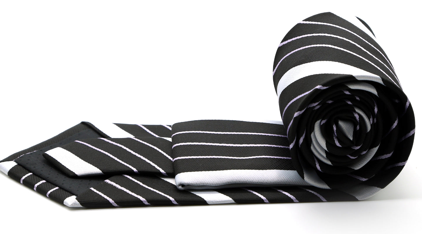 Mens Dads Classic Black Striped Pattern Business Casual Necktie & Hanky Set EO-8