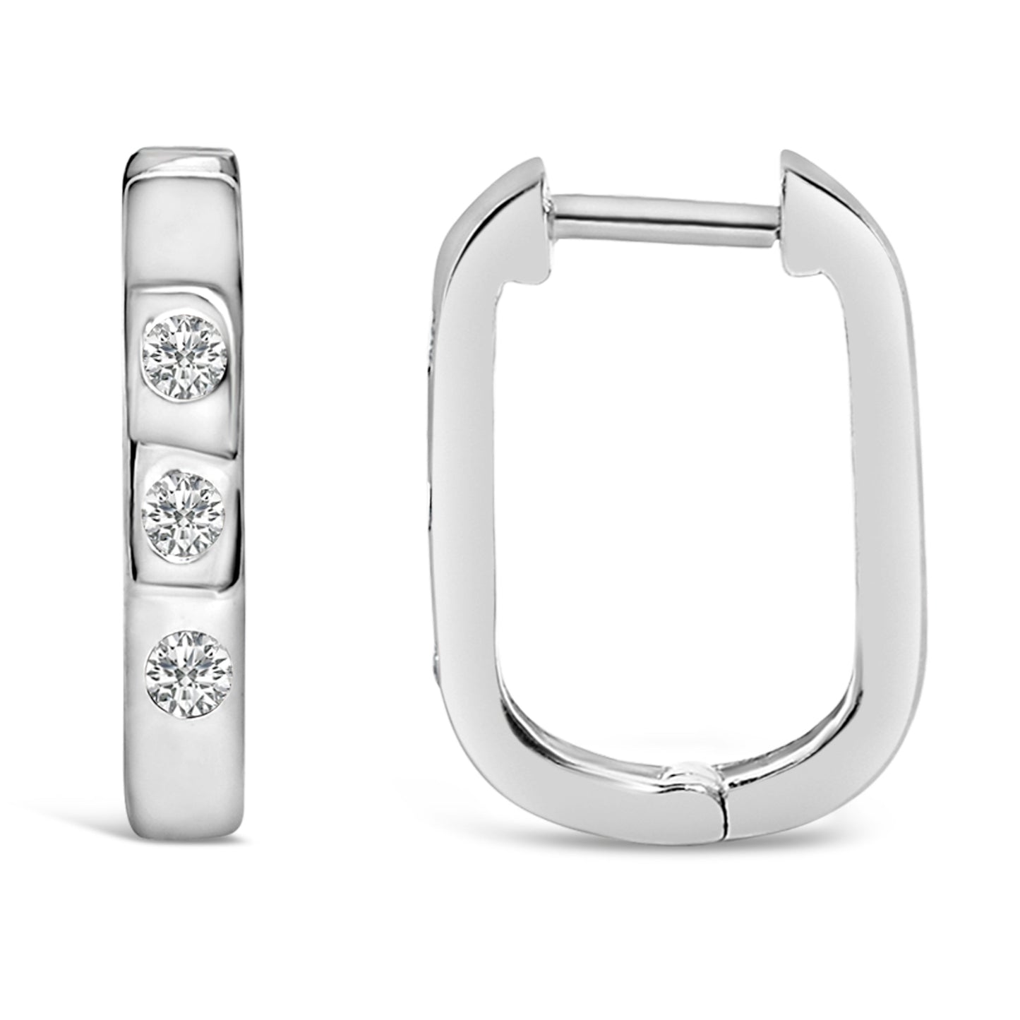 Pendientes de aro tipo Huggies Ovalados de Oro Blanco de 10K con Tres Piedras de Diamante Creado en Laboratorio de 1/10 Cttw