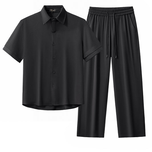 Flow Set – Textured Short Sleeve Shirt & Pant BLACK - My Men's Shop