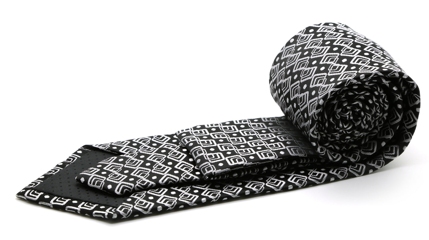 Mens Dads Classic Black Geometric Pattern Business Casual Necktie & Hanky Set G-1