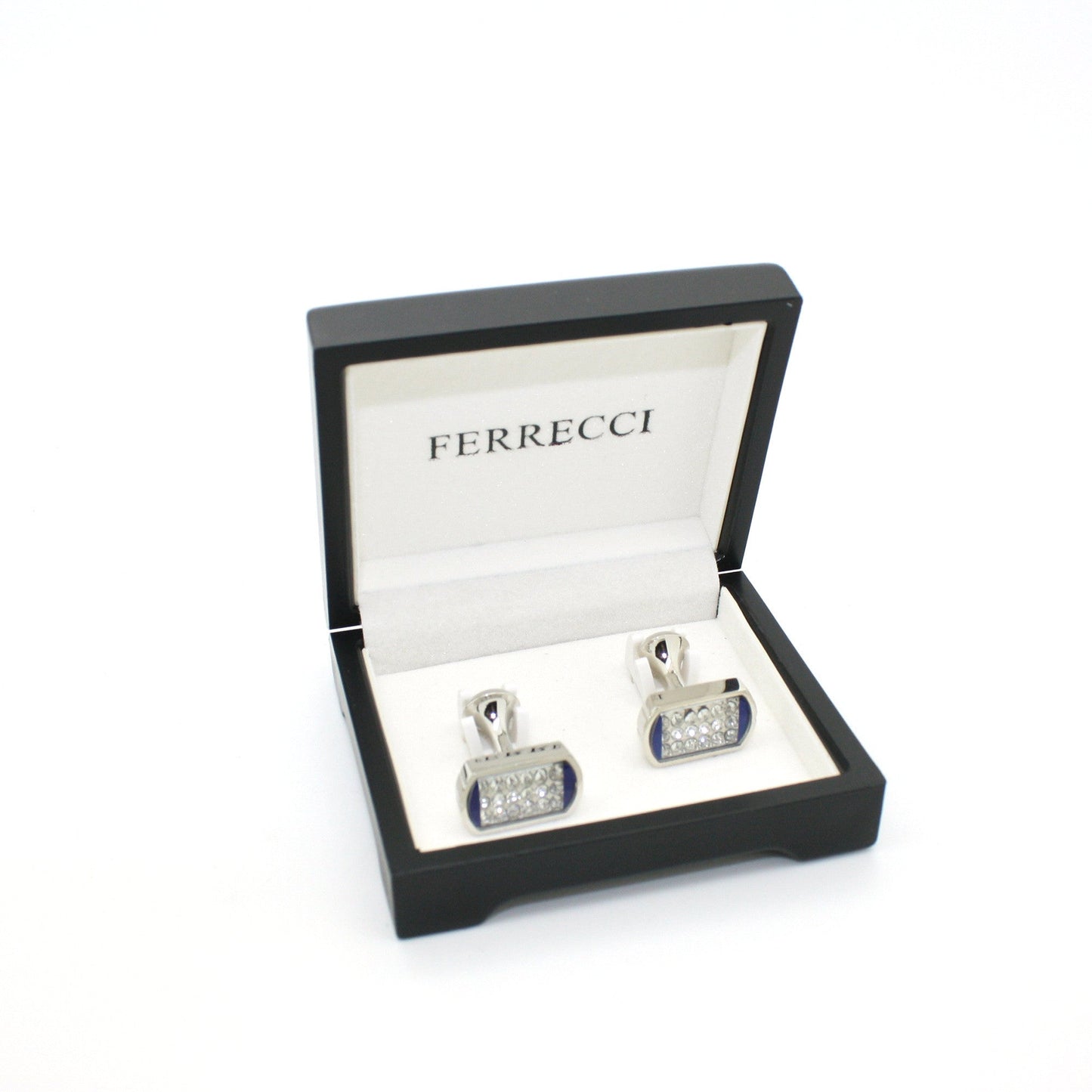 Silvertone Blue Glass Stone Cuff Links With Jewelry Box