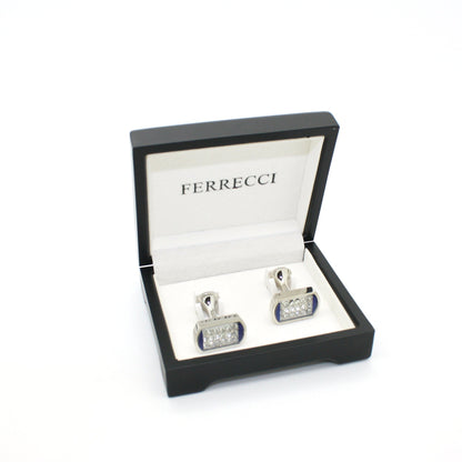 Silvertone Blue Glass Stone Cuff Links With Jewelry Box
