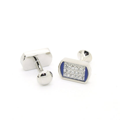 Silvertone Blue Glass Stone Cuff Links With Jewelry Box