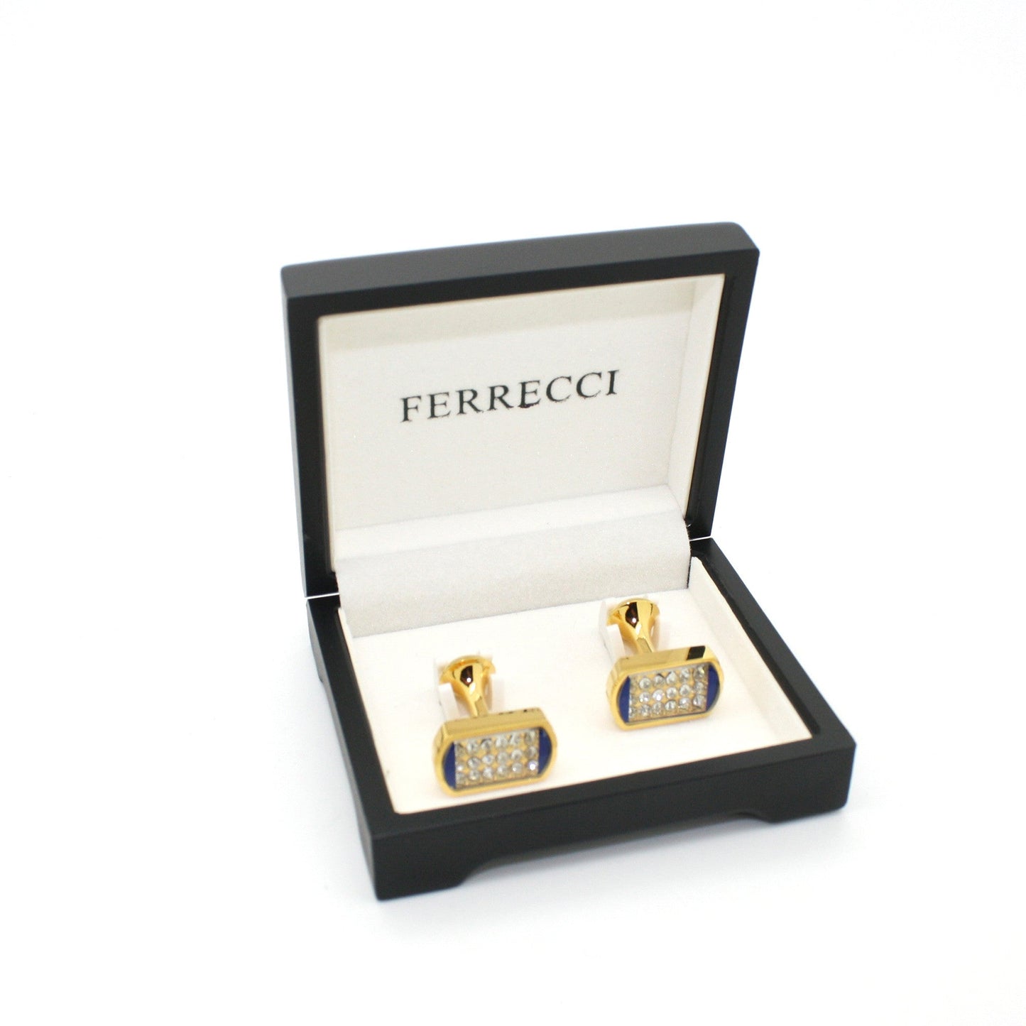 Goldtone Blue Glass White Stone Cuff Links With Jewelry Box