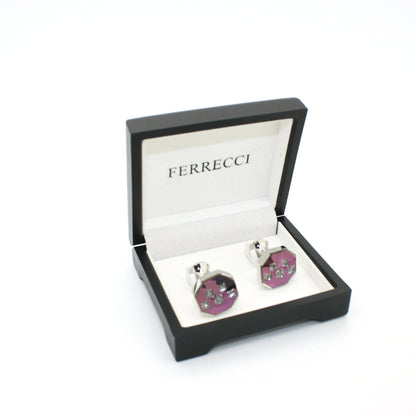 Silvertone Purple Glass Stone Cuff Links With Jewelry Box