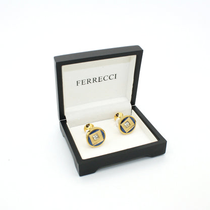 Goldtone Blue Center Glass Stone Cuff Links With Jewelry Box