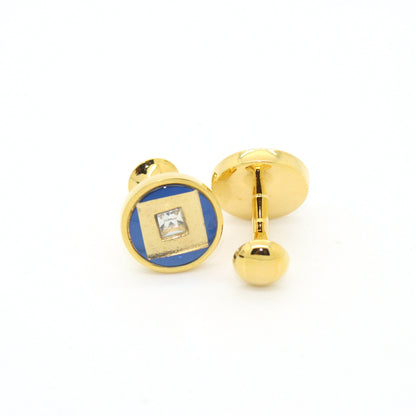 Goldtone Blue Center Glass Stone Cuff Links With Jewelry Box