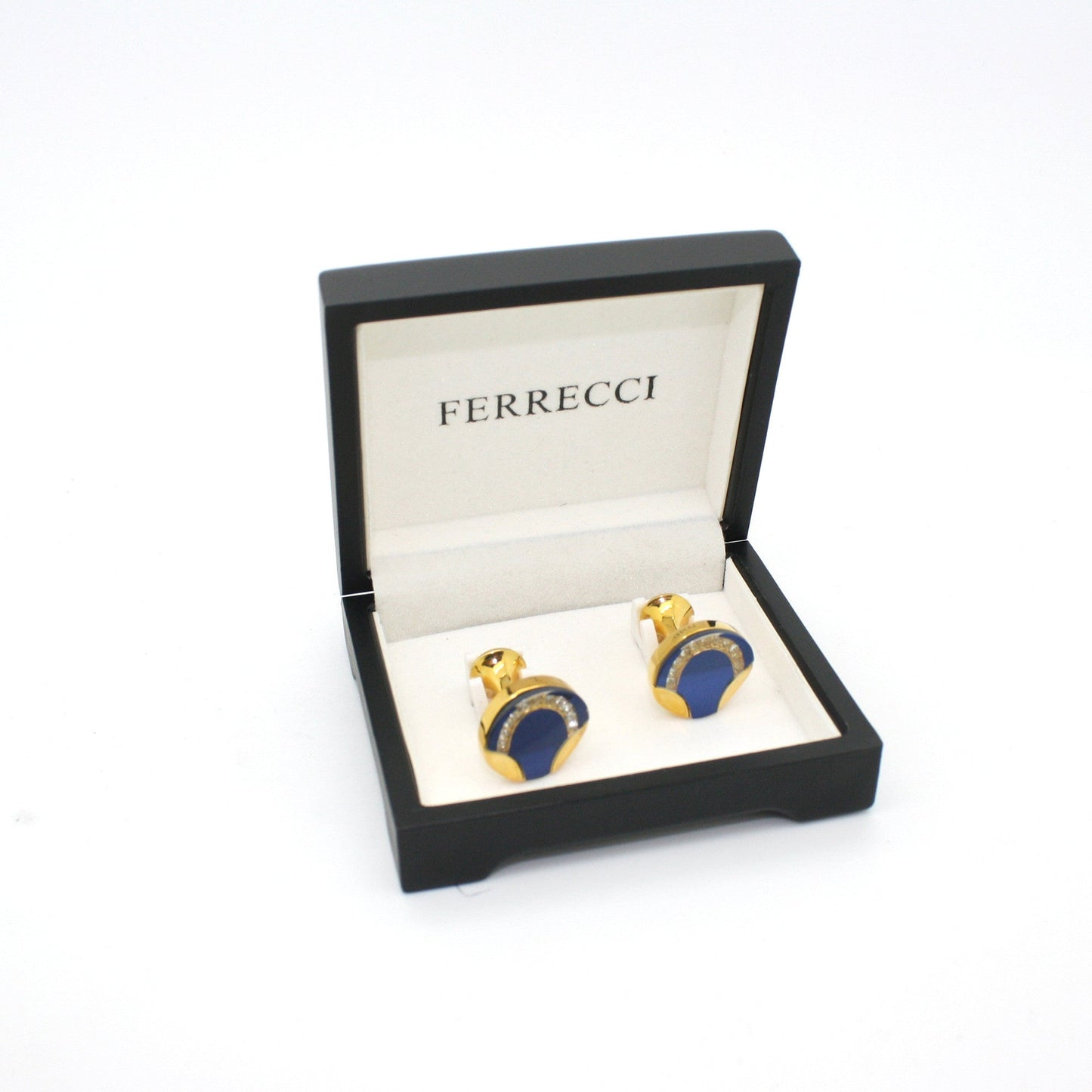 Goldtone Round Blue Glass Cuff Links With Jewelry Box