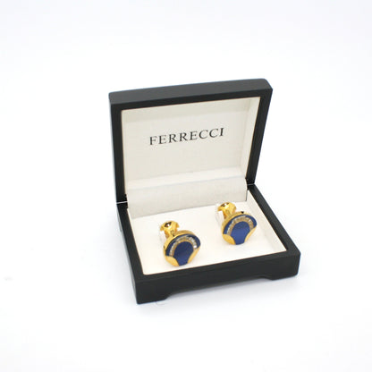 Goldtone Round Blue Glass Cuff Links With Jewelry Box