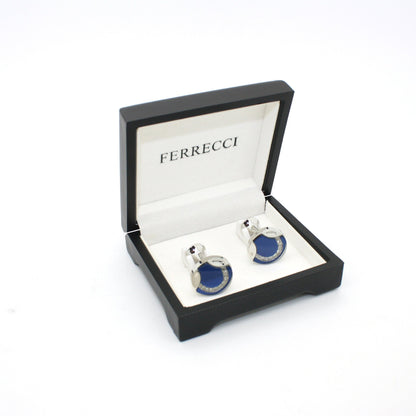 Silvertone Blue Glass Cuff Links With Jewelry Box