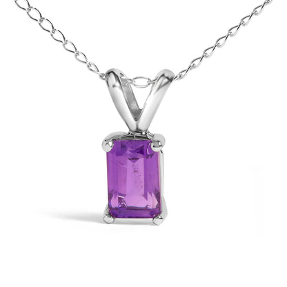 Collar con colgante solitario de amatista morada de 6x4 mm de talla esmeralda de oro blanco de 14 quilates