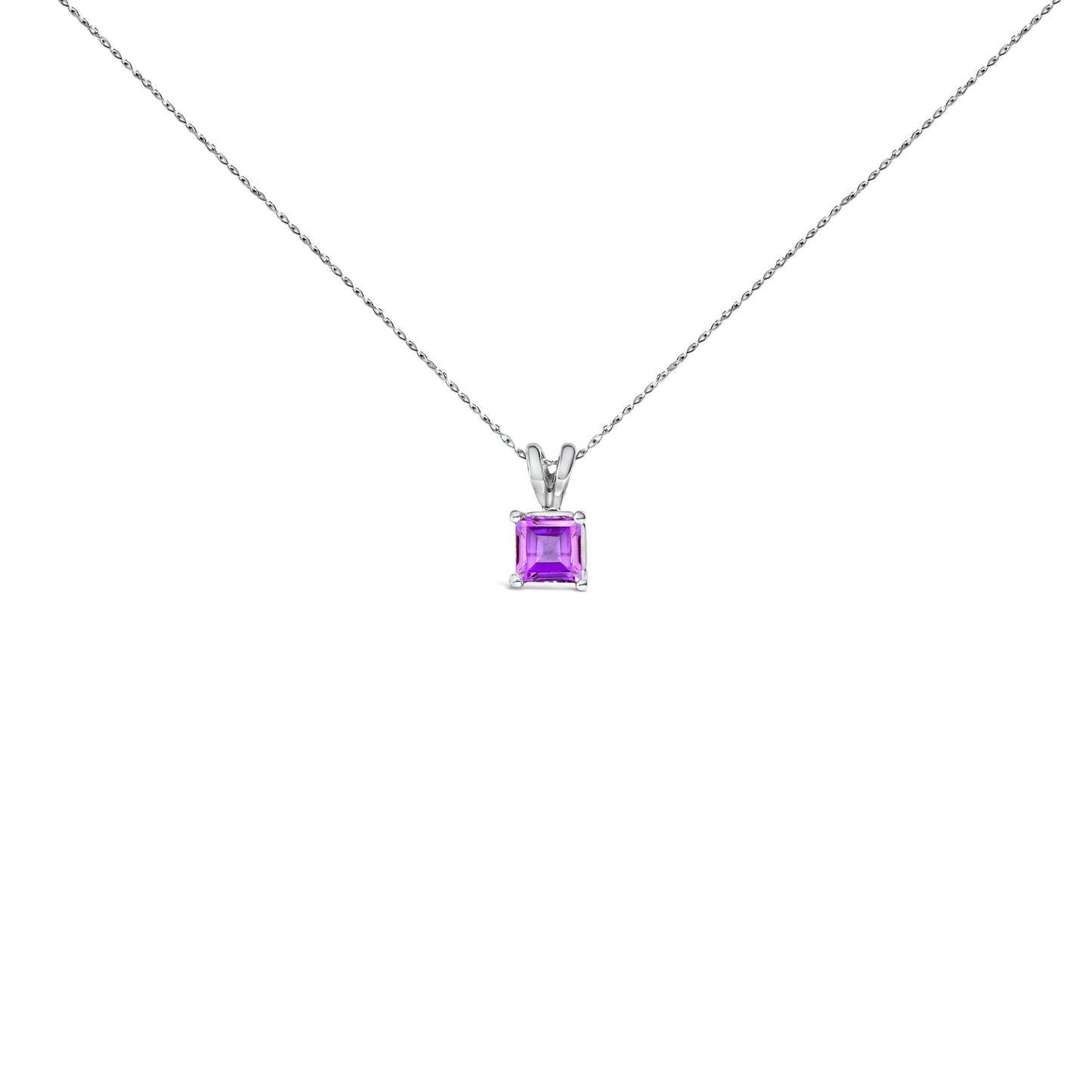 Collar con colgante solitario de amatista morada de oro blanco de 14 quilates con forma cuadrada de 5x5 mm