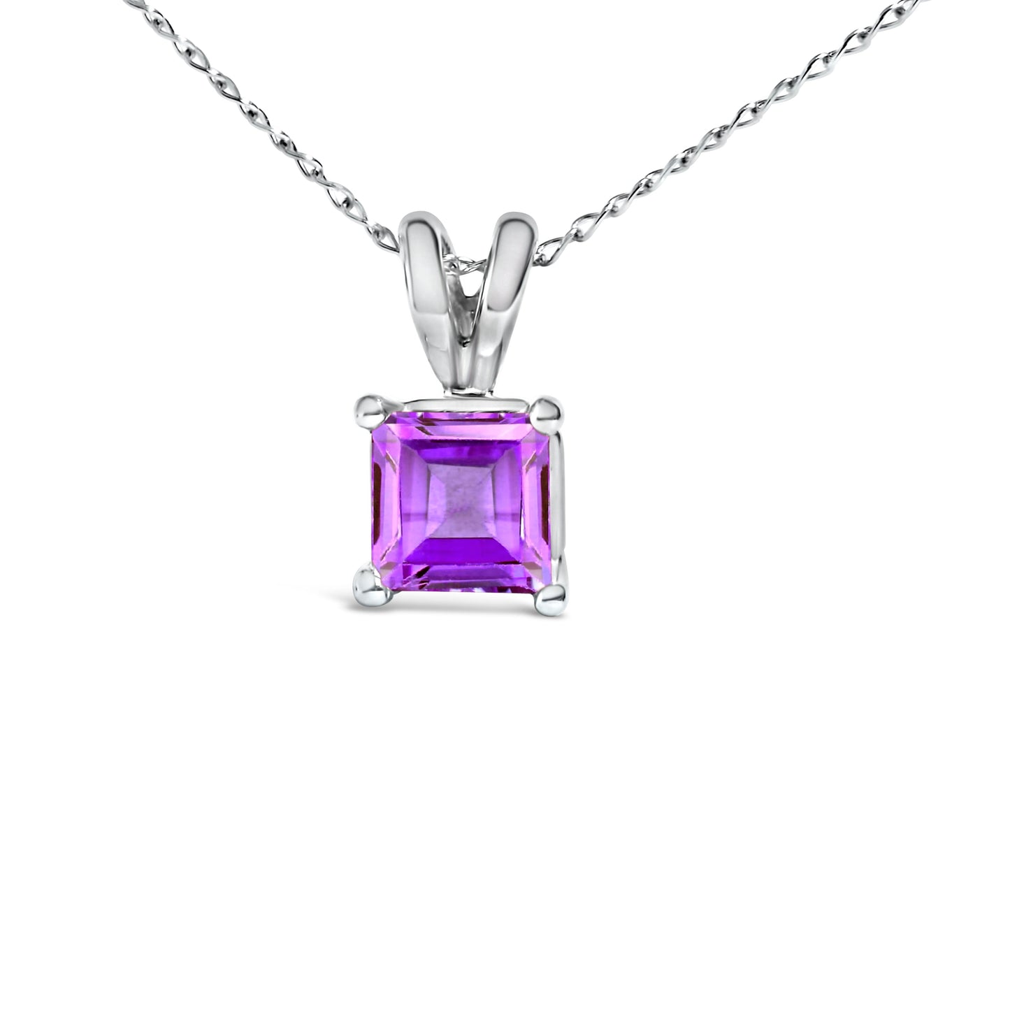 Collar con colgante solitario de amatista morada de oro blanco de 14 quilates con forma cuadrada de 5x5 mm