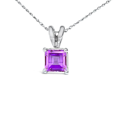 Collar con colgante solitario de amatista morada de oro blanco de 14 quilates con forma cuadrada de 5x5 mm