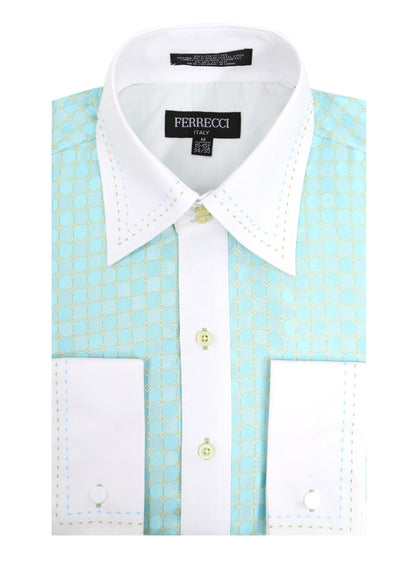 Men's Turquoise Circle Print Satin Dress Shirt – High Collar, French Cuff | Ferrecci Hi-1004